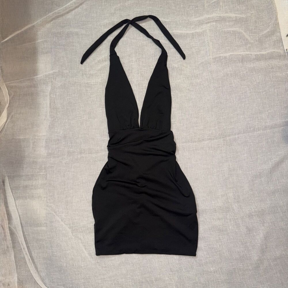 NEW Black Halter Mini Dress Ruched Bodycon Open Back Small